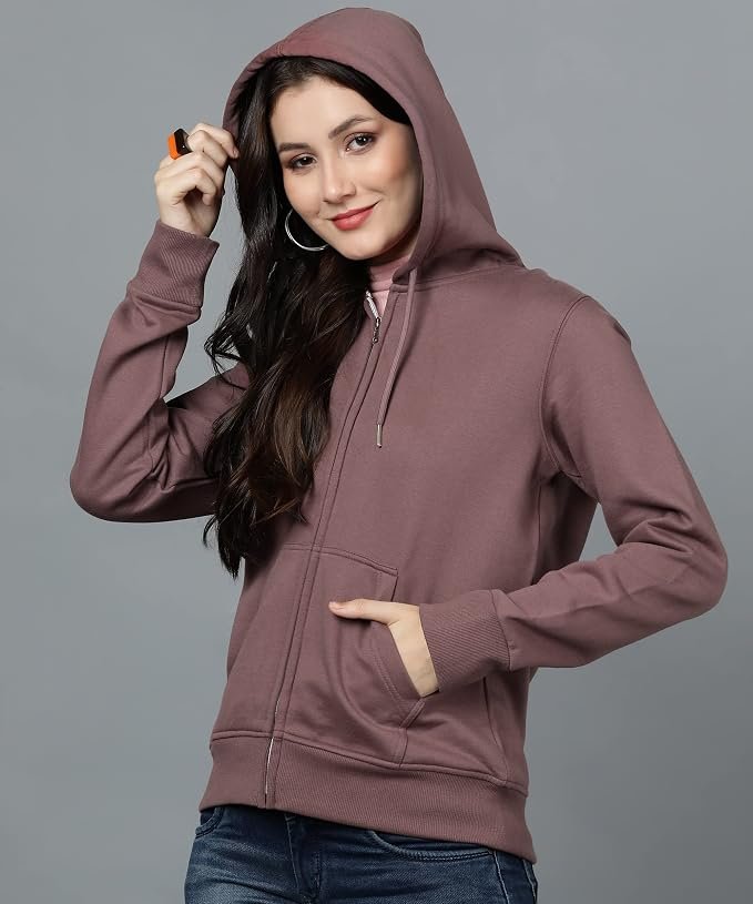 Women's Solid Zipper Hooded Sweatshirt